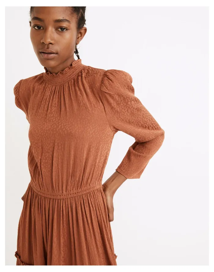 Women Mockneck Ruffle Hem Mini Dress In Cheetah Jacquard Warm Umber Madewell Dresses Women Mockneck Ruffle Hem Mini Dress In Cheetah Jacquard Warm Umber Madewell Dresses