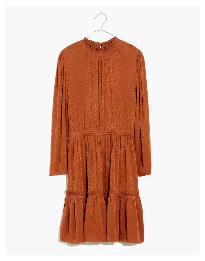 Women Mockneck Ruffle Hem Mini Dress In Cheetah Jacquard Warm Umber Madewell Dresses Women Mockneck Ruffle Hem Mini Dress In Cheetah Jacquard Warm Umber Madewell Dresses