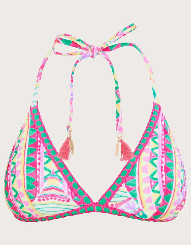Women Mosaic Print Crochet Trim Bikini Top With Recycled Polyester Pink Monsoon Tops and Blouses