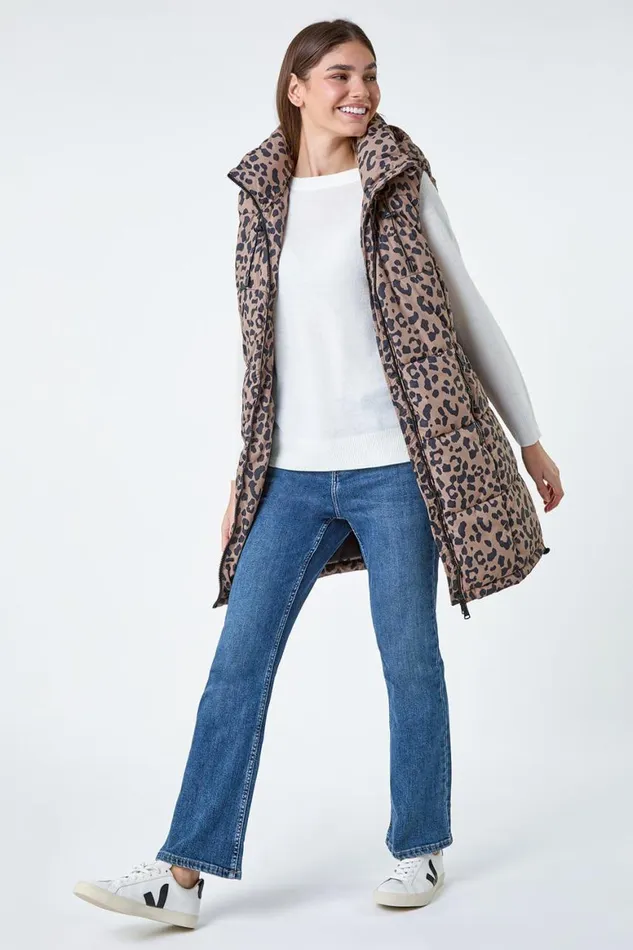 Women Multi Animal Print Longline Hooded Gilet Roman Coats