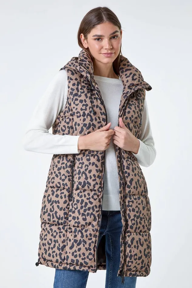 Women Multi Animal Print Longline Hooded Gilet Roman Coats