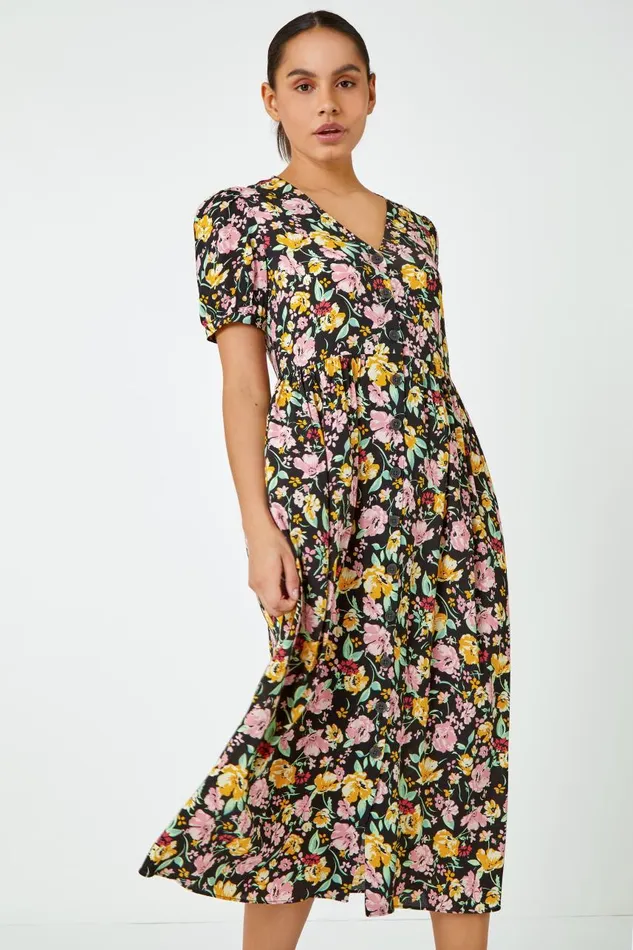 Women Multi Floral Print Button Through Dress Roman Dresses