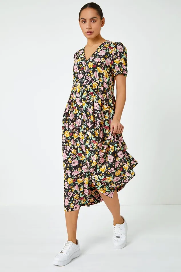 Women Multi Floral Print Button Through Dress Roman Dresses