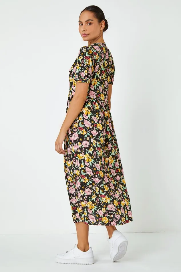 Women Multi Floral Print Button Through Dress Roman Dresses