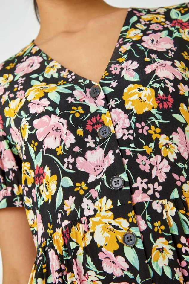 Women Multi Floral Print Button Through Dress Roman Dresses