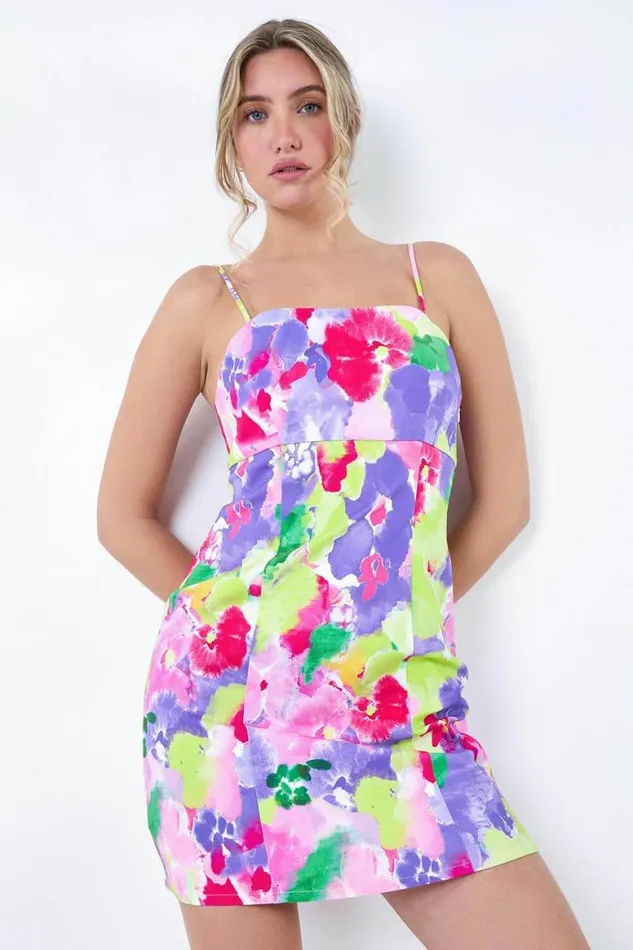 Women Multi Floral Stretch Bengaline Mini Dress Roman Dresses