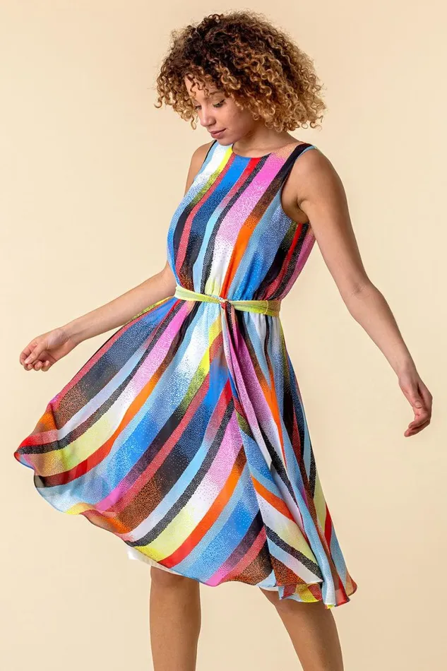 Women Multi Rainbow Stripe Print Midi Dress Roman Dresses