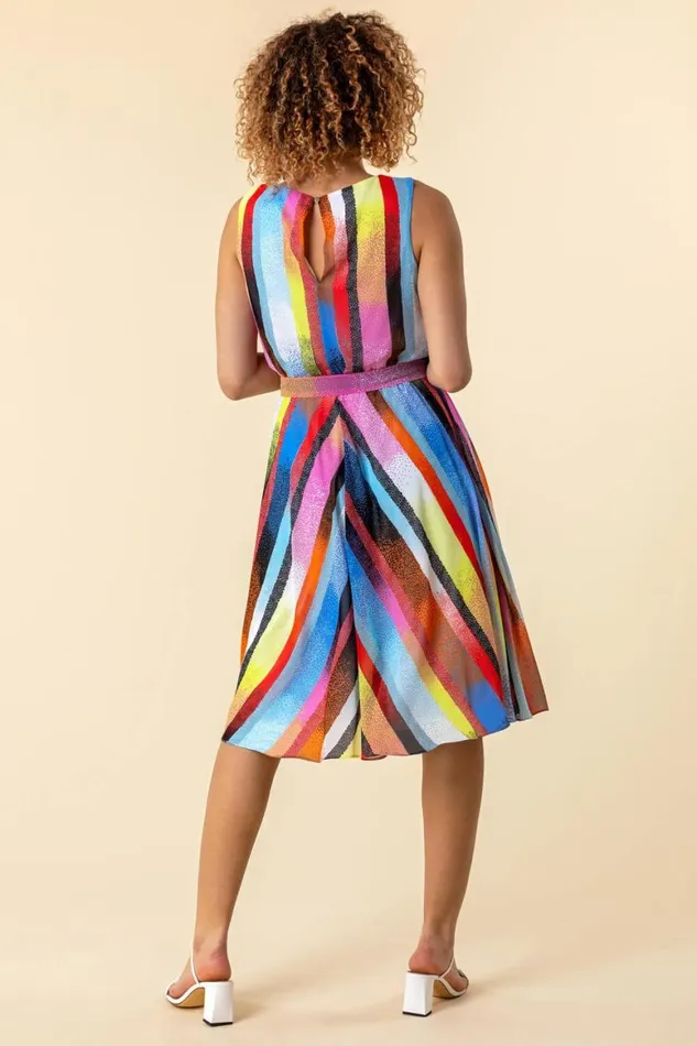 Women Multi Rainbow Stripe Print Midi Dress Roman Dresses