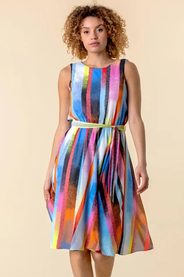 Women Multi Rainbow Stripe Print Midi Dress Roman Dresses