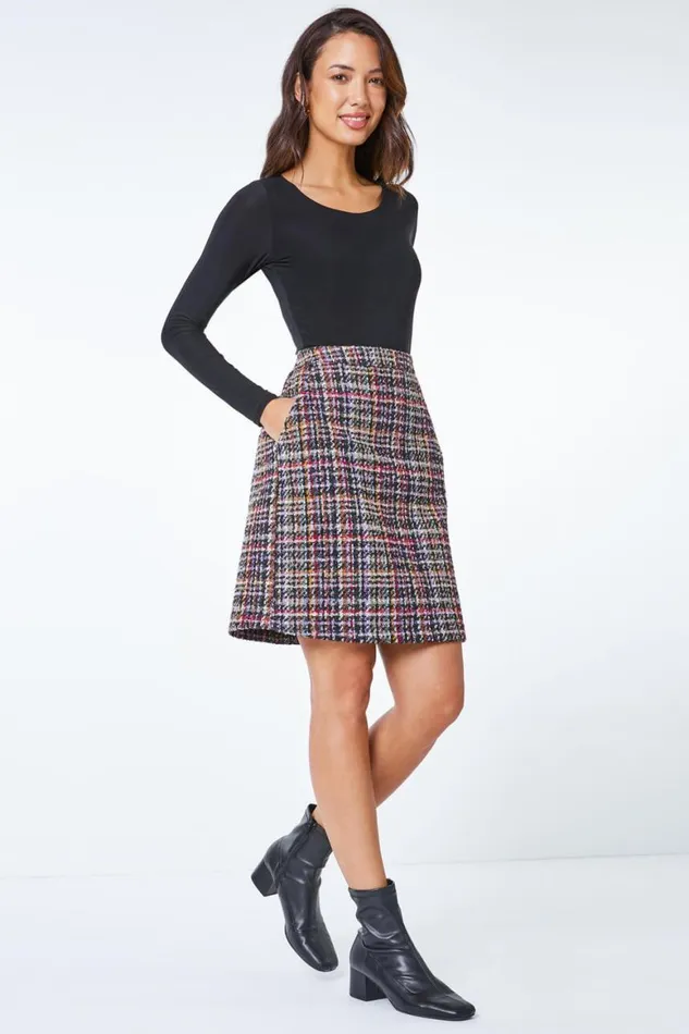 Women Multi Textured Check Mini A Line Skirt Roman Skirts