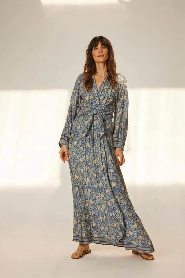 Women Natalie Martin Dresses Nico LS Maxi With Sash Water Lily Blue