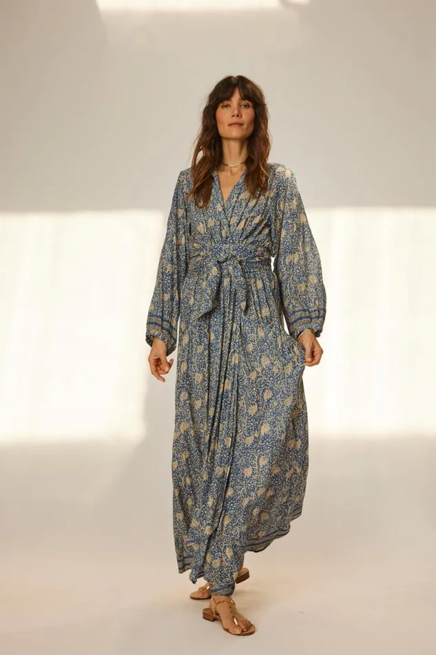 Women Natalie Martin Dresses Nico LS Maxi With Sash Water Lily Blue