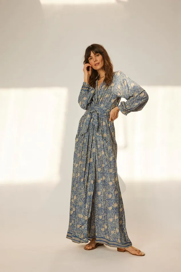 Women Natalie Martin Dresses Nico LS Maxi With Sash Water Lily Blue