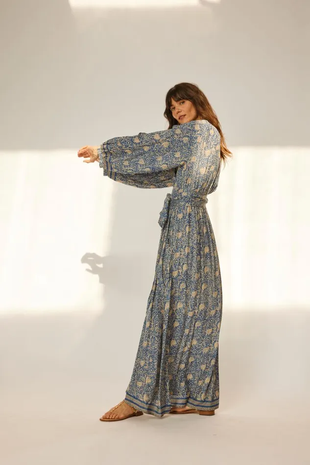 Women Natalie Martin Dresses Nico LS Maxi With Sash Water Lily Blue