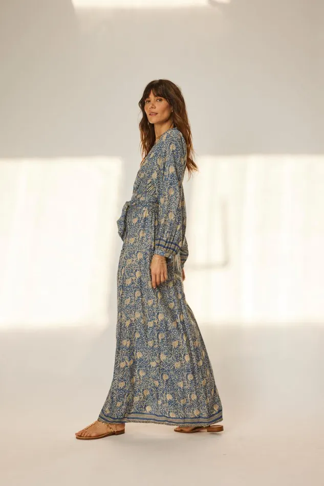 Women Natalie Martin Dresses Nico LS Maxi With Sash Water Lily Blue