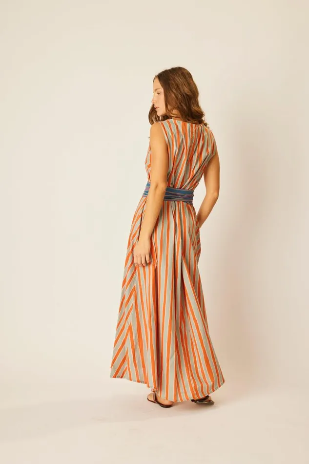 Women Natalie Martin Dresses Tova Maxi With Contrasting Belt Batik Stripe Sage Women Natalie Martin Dresses Tova Maxi With Contrasting Belt Batik Stripe Sage