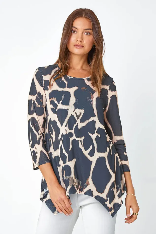 Women Natural Animal Print Mesh Hanky Hem Top Roman Tops