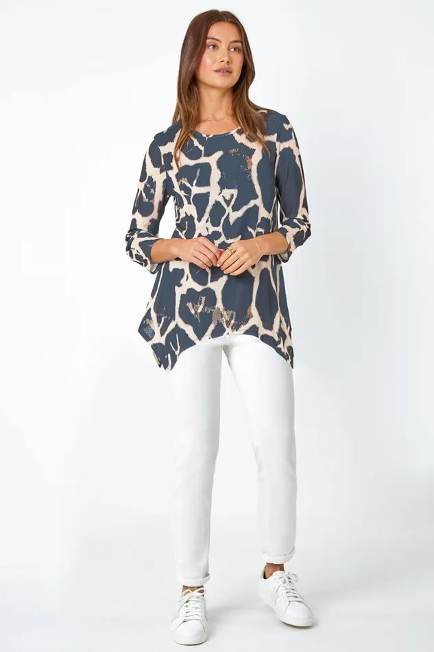 Women Natural Animal Print Mesh Hanky Hem Top Roman Tops