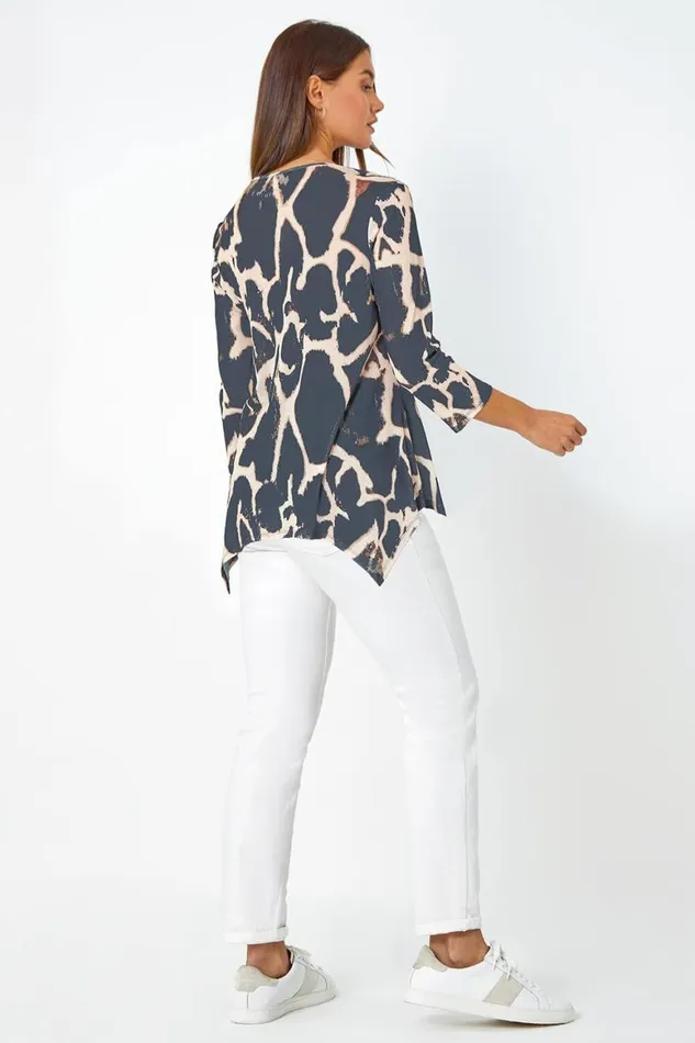 Women Natural Animal Print Mesh Hanky Hem Top Roman Tops