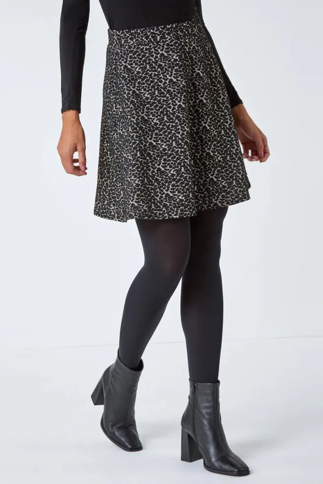 Women Natural Animal Print Skater Stretch Skirt Roman Skirts