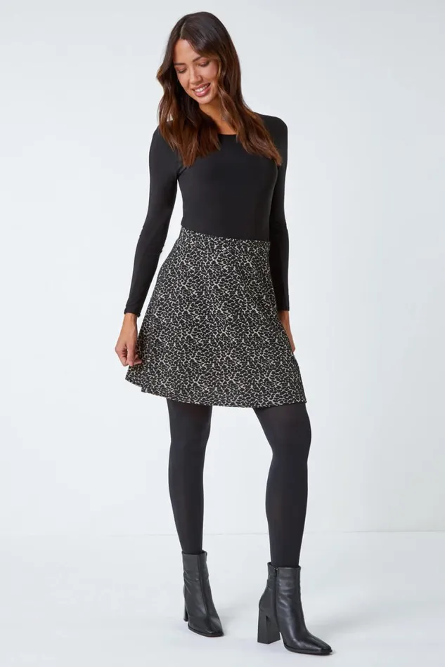 Women Natural Animal Print Skater Stretch Skirt Roman Skirts