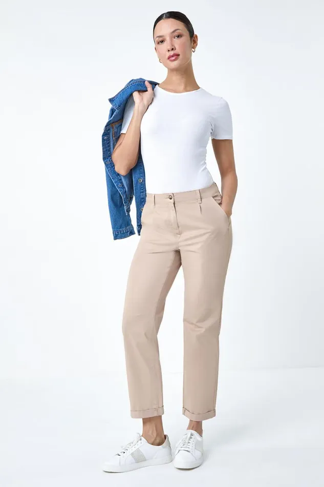 Women Natural Cotton Blend Washed Chino Trousers Roman Trousers
