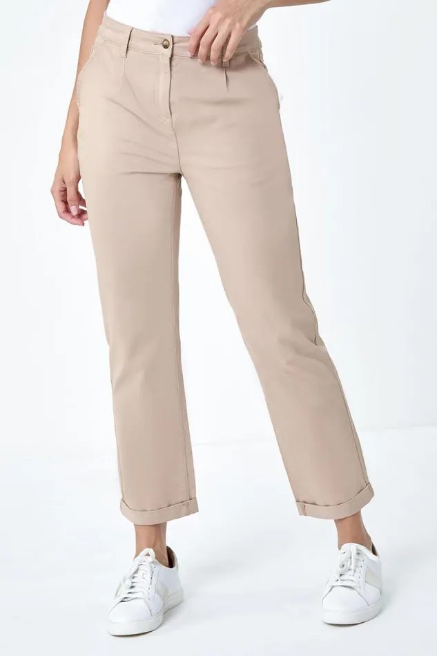 Women Natural Cotton Blend Washed Chino Trousers Roman Trousers