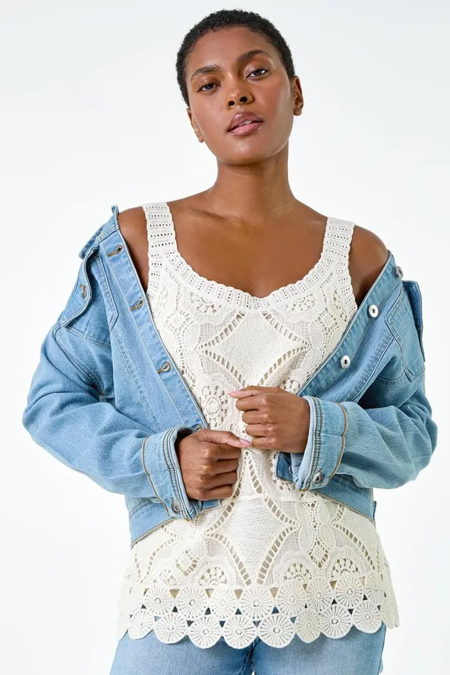 Women Natural Cotton Crochet Knit Vest Top Roman Tops