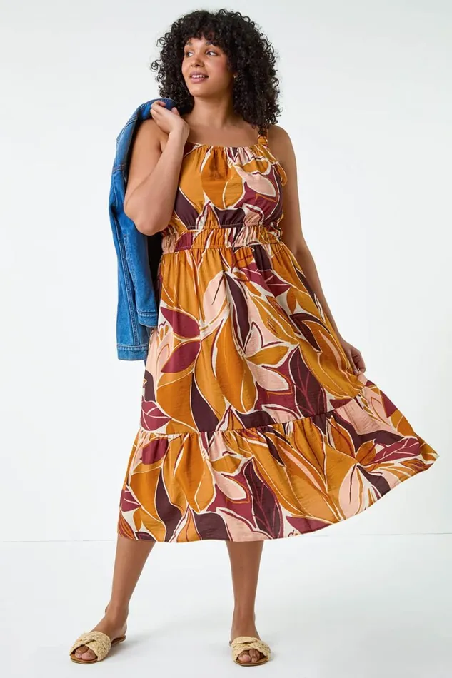 Women Natural Curve Floral Square Neck Midi Dress Roman Dresses