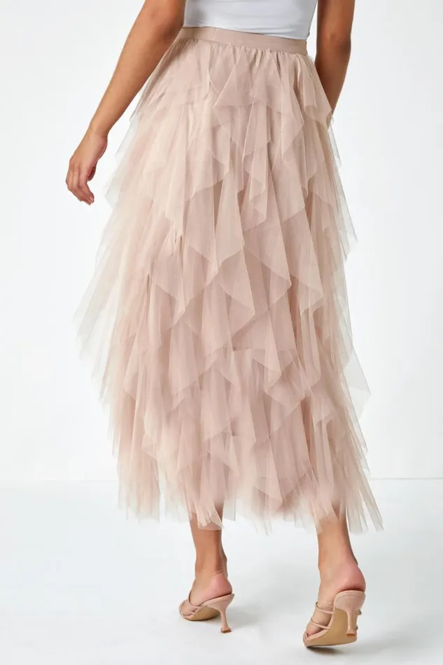 Women Natural Elastic Waist Mesh Layered A Line Skirt Roman Occasionwear