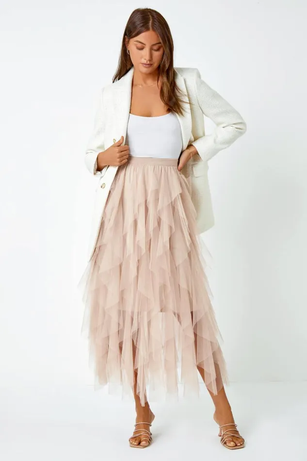 Women Natural Elastic Waist Mesh Layered A Line Skirt Roman Occasionwear