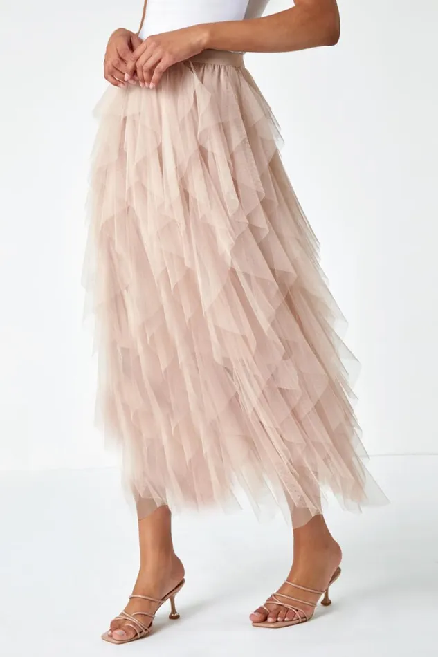 Women Natural Elastic Waist Mesh Layered A Line Skirt Roman Occasionwear