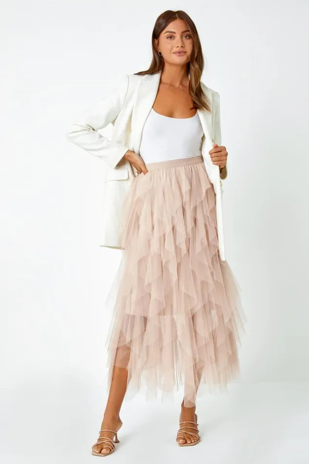Women Natural Elastic Waist Mesh Layered A Line Skirt Roman Occasionwear