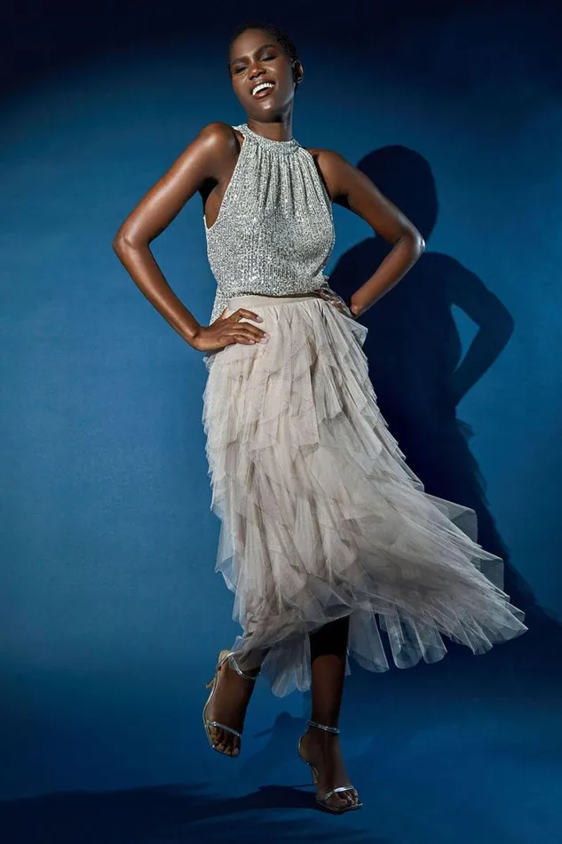 Women Natural Elastic Waist Mesh Layered A Line Skirt Roman Occasionwear