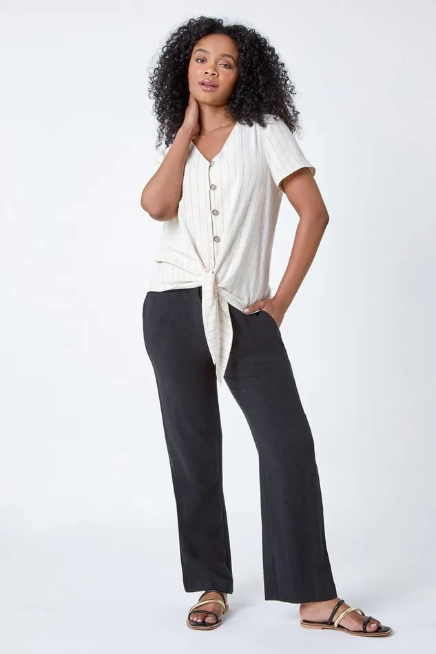 Women Natural Petite Linen Pinstripe Button Through VNeck Top Roman Tops