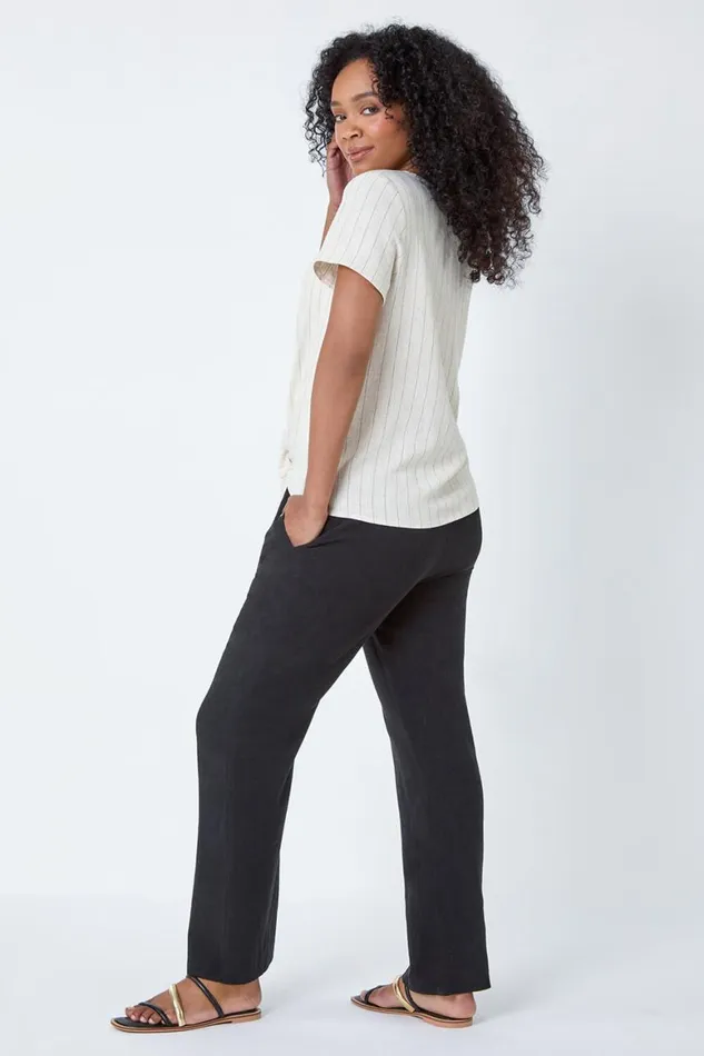 Women Natural Petite Linen Pinstripe Button Through VNeck Top Roman Tops