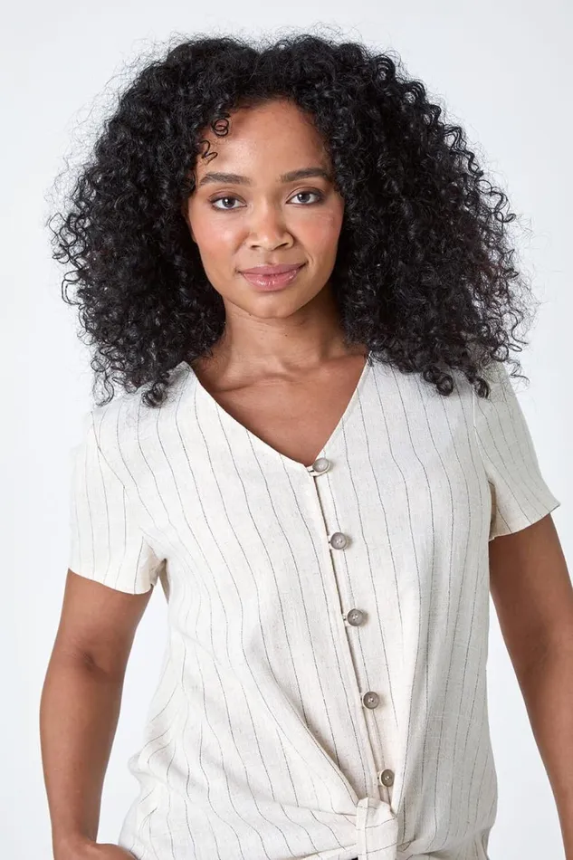 Women Natural Petite Linen Pinstripe Button Through VNeck Top Roman Tops