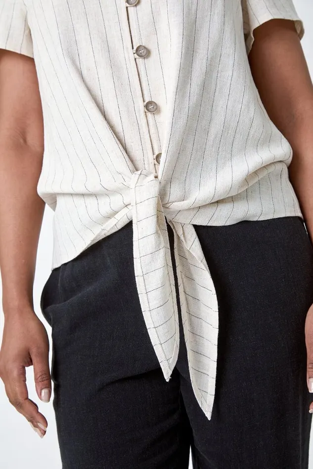 Women Natural Petite Linen Pinstripe Button Through VNeck Top Roman Tops