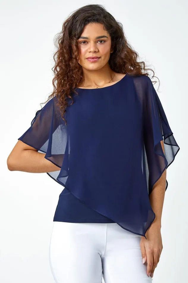 Women Navy Asymmetric Cold Shoulder Stretch Chiffon Top Roman Tops