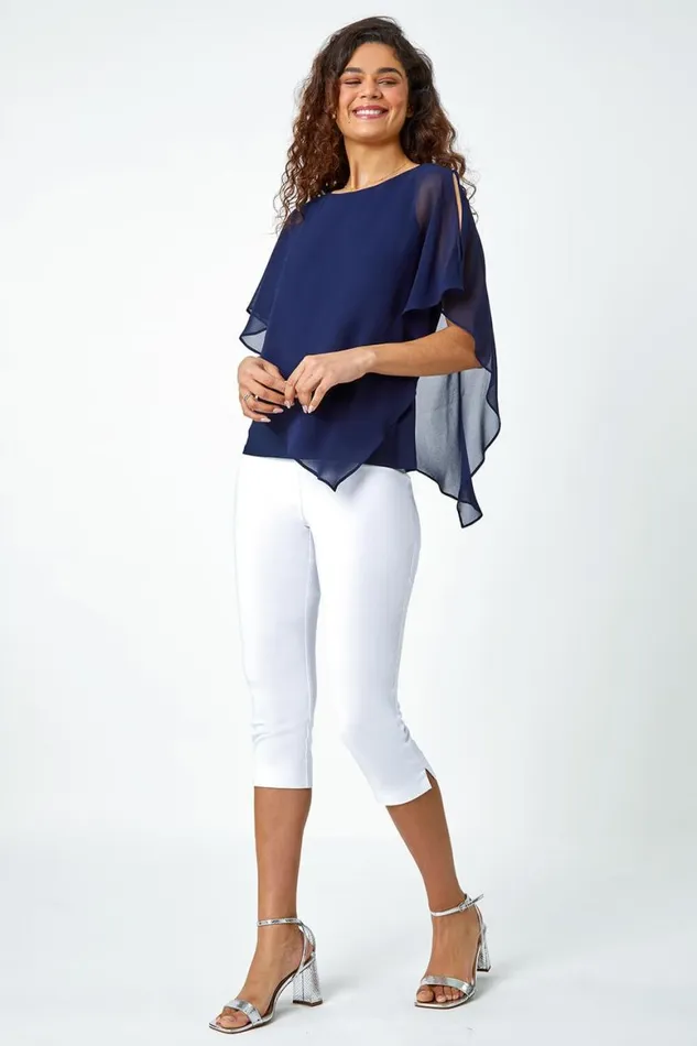 Women Navy Asymmetric Cold Shoulder Stretch Chiffon Top Roman Tops