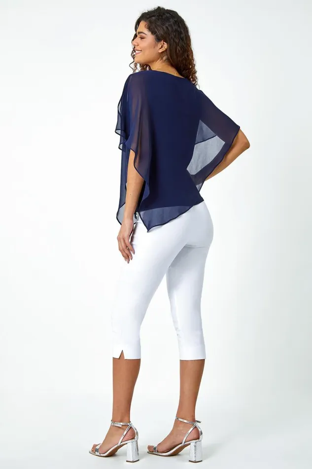 Women Navy Asymmetric Cold Shoulder Stretch Chiffon Top Roman Tops