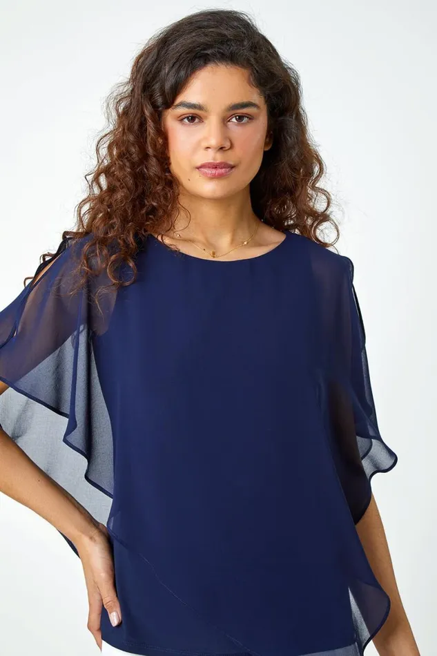 Women Navy Asymmetric Cold Shoulder Stretch Chiffon Top Roman Tops