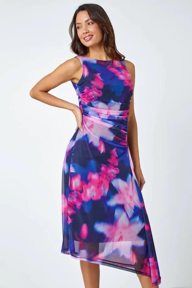 Women Navy Asymmetric Floral Stretch Mesh Dress Roman Dresses