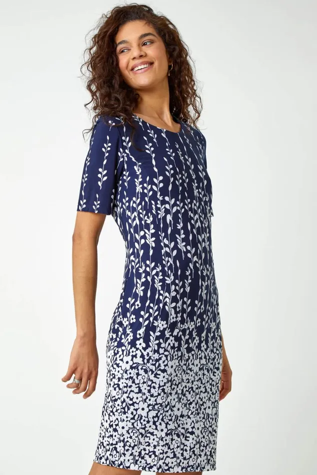 Women Navy Border Print Floral Shift Dress Roman Dresses