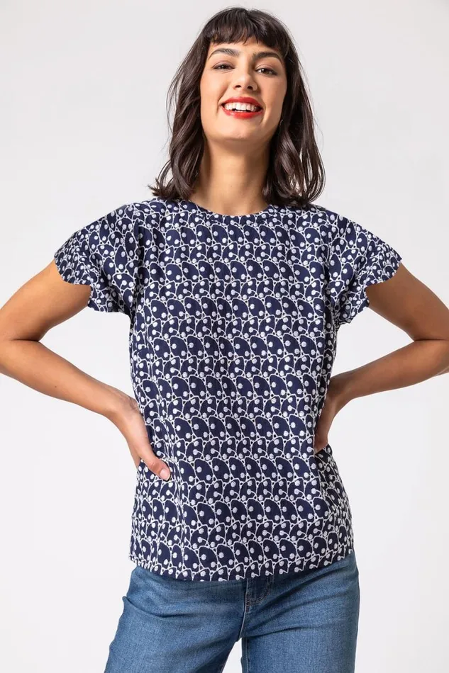 Women Navy Broderie Spot Frill Sleeve Detail Top Roman Tops