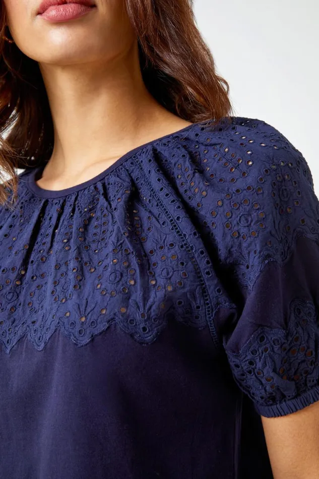 Women Navy Cotton Broderie Puff Sleeve Top Roman Tops
