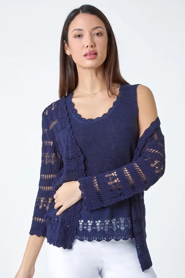 Women Navy Crochet Single Button VNeck Cardigan Roman Knitwear