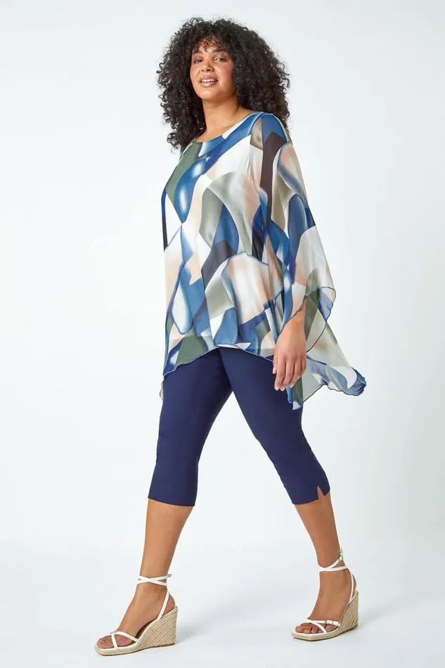 Women Navy Curve Abstract Chiffon Overlay Top Roman Tops