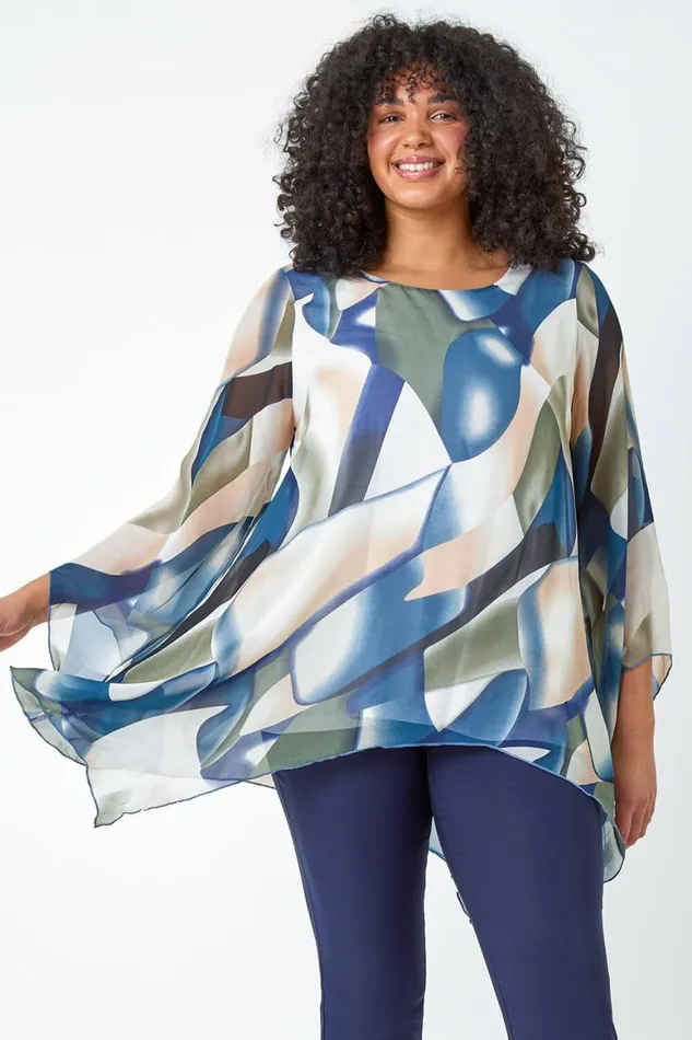 Women Navy Curve Abstract Chiffon Overlay Top Roman Tops
