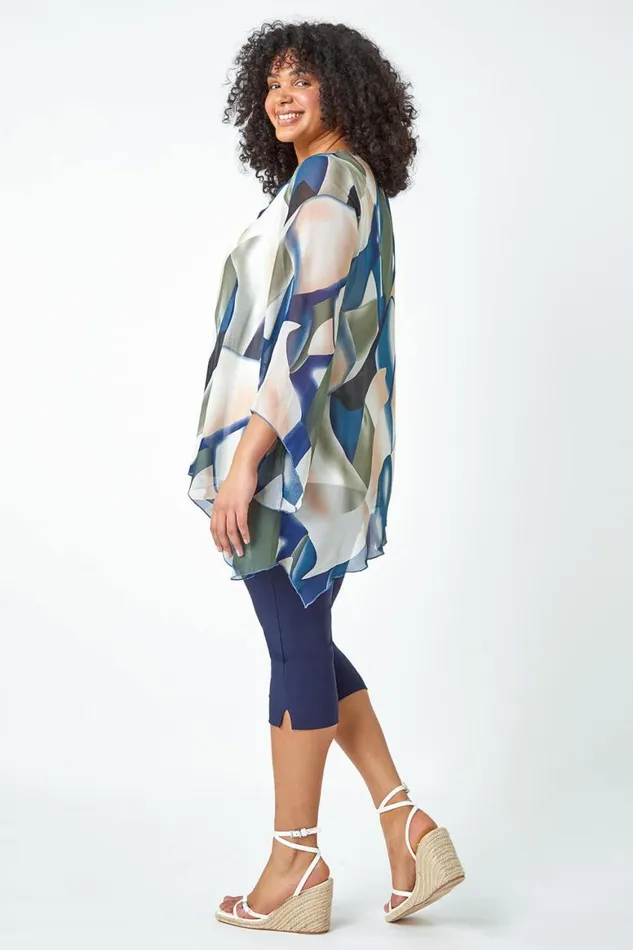 Women Navy Curve Abstract Chiffon Overlay Top Roman Tops